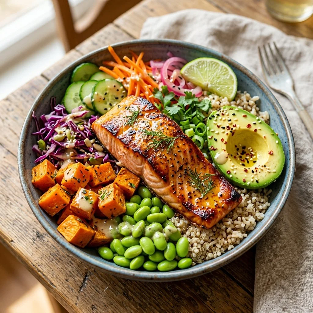 Colorful Salmon Buddha Bowl with fresh vegetables and grains