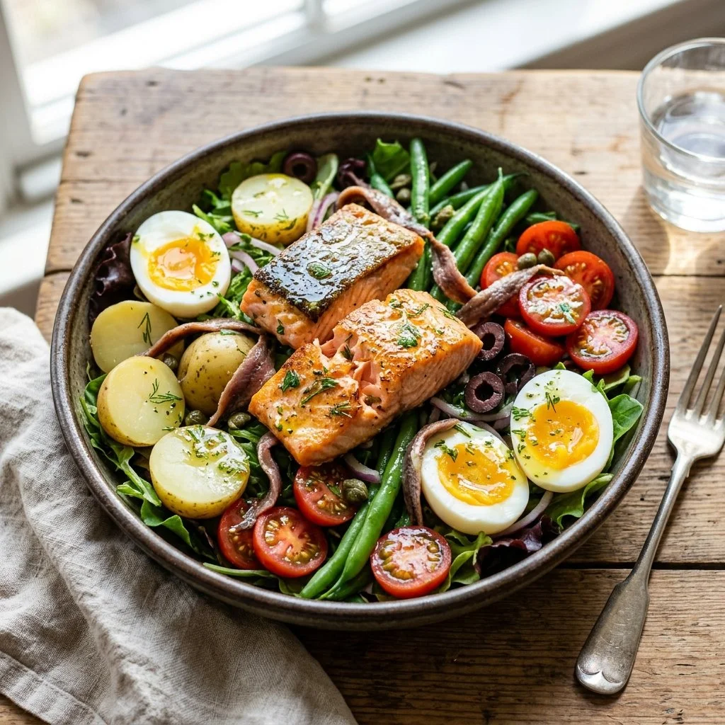 A vibrant Salmon Nicoise Salad with fresh ingredients and colorful presentation.