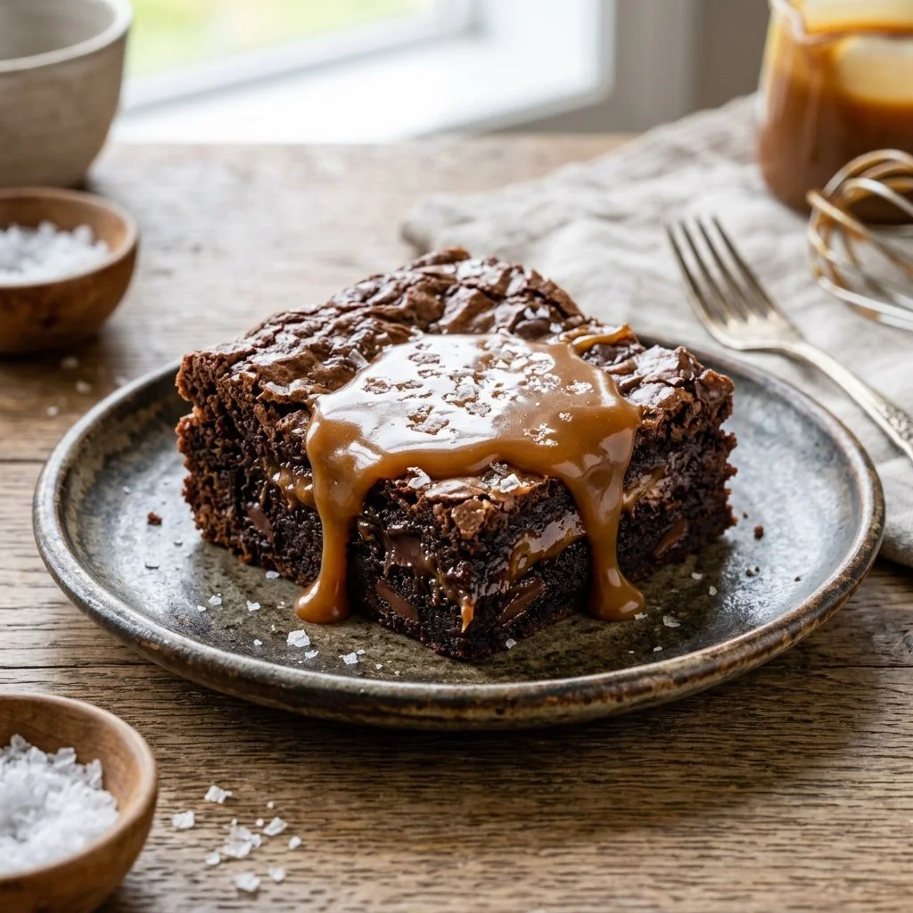 Delicious salted caramel brownies topped with a drizzle of caramel sauce.