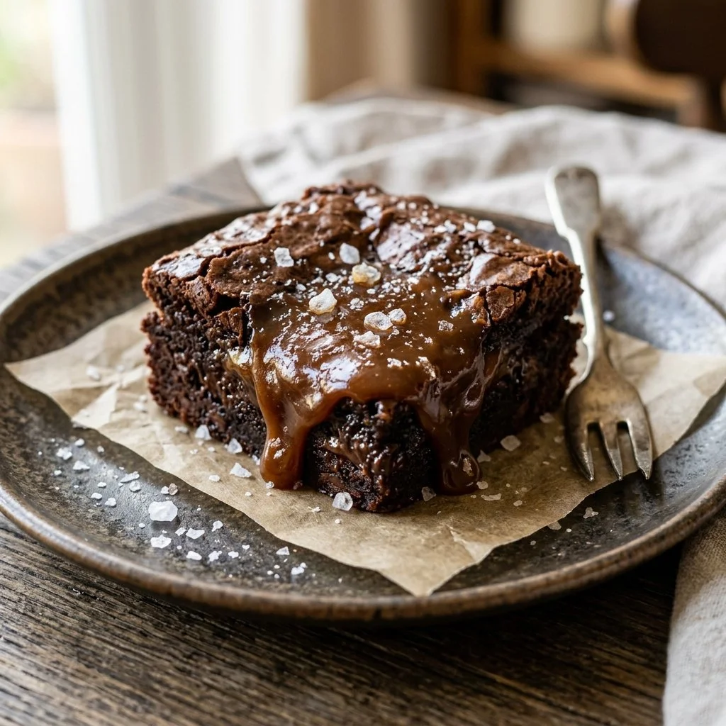 Decadent salted caramel brownies topped with drizzled caramel sauce and sea salt.