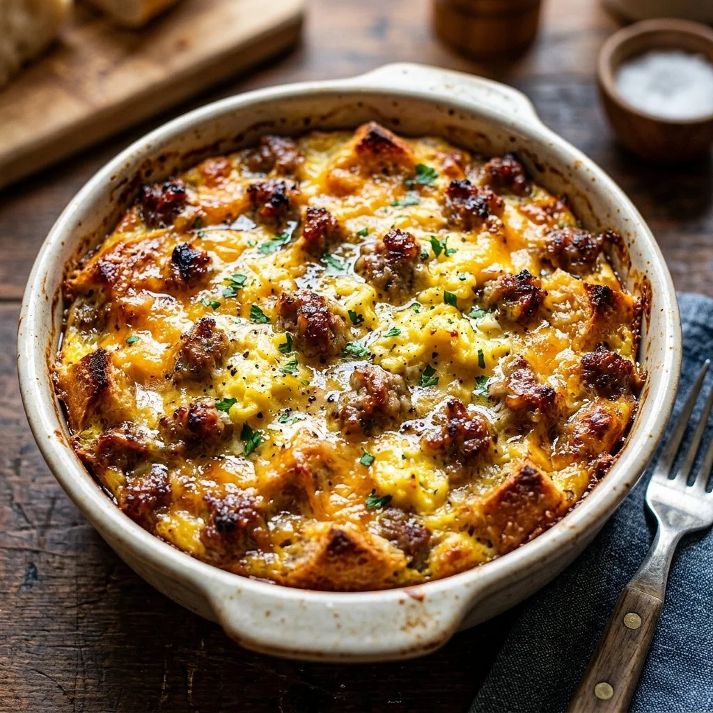 Delicious sausage and egg casserole baked to perfection