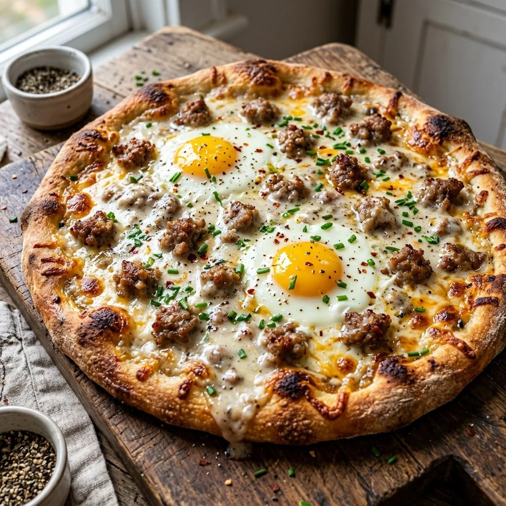 Sausage and Gravy Breakfast Pizza topped with fluffy sausage and creamy gravy