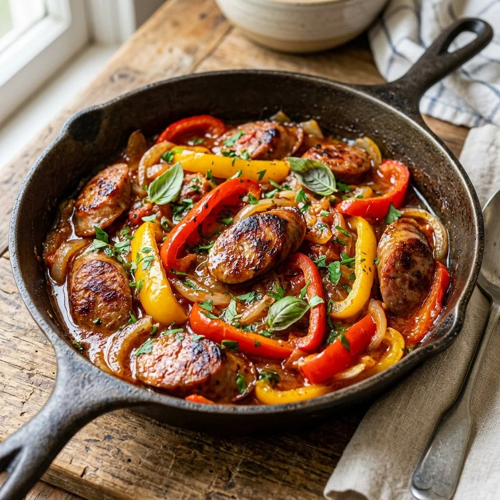Delicious sausage and pepper skillet served in a cast iron pan with vibrant colors.