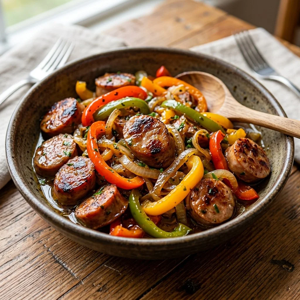 Sizzling sausage and peppers dish served in a skillet with vibrant colors.