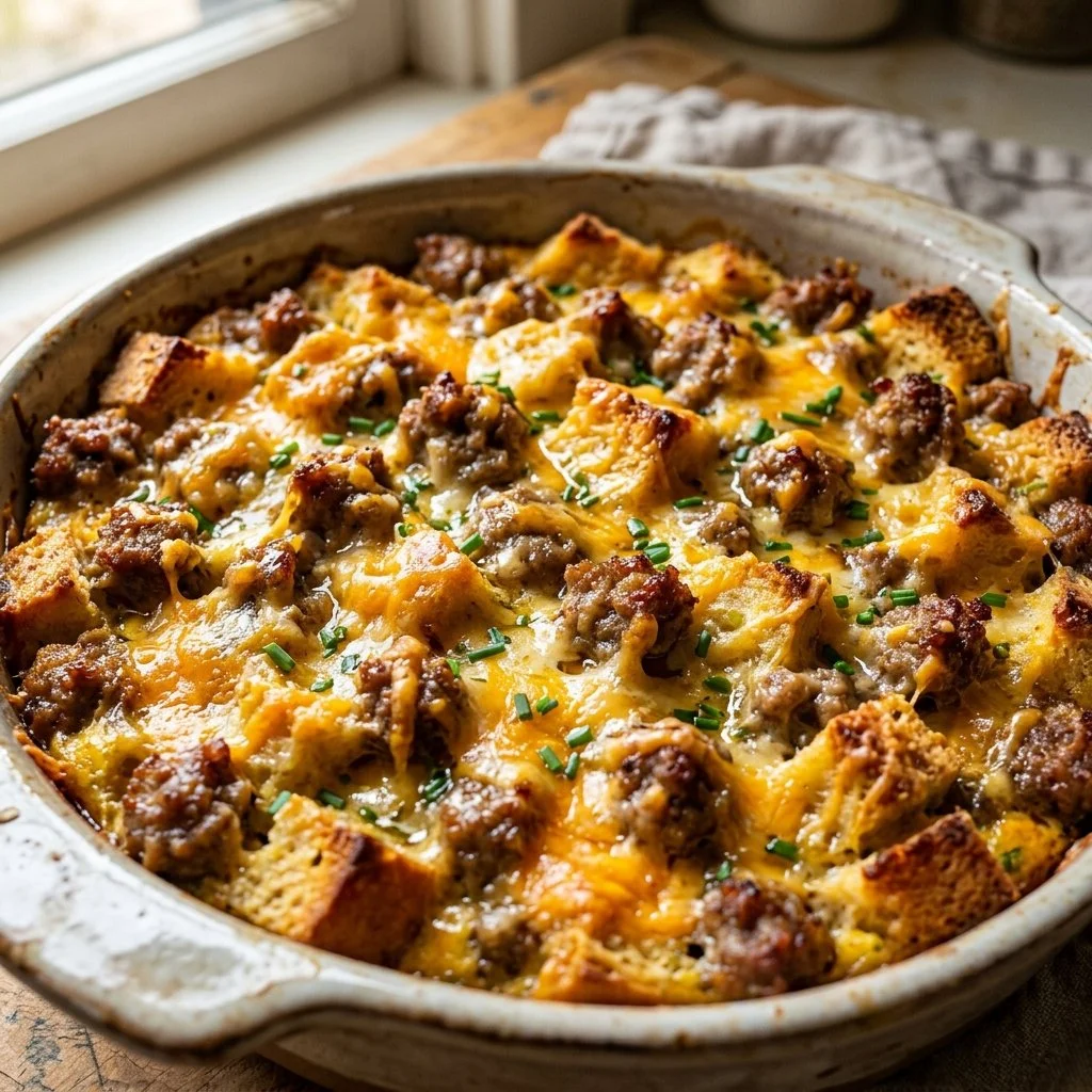 Delicious sausage breakfast casserole served in a baking dish.