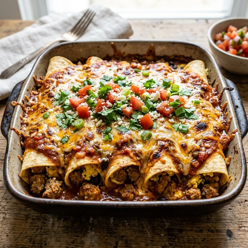 Sausage breakfast enchiladas topped with cheese and fresh herbs