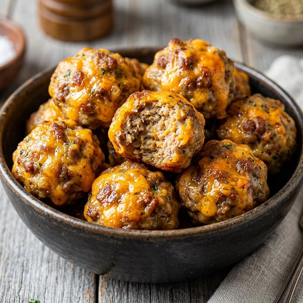 Bowl of savory sausage cheese balls, a perfect party snack.