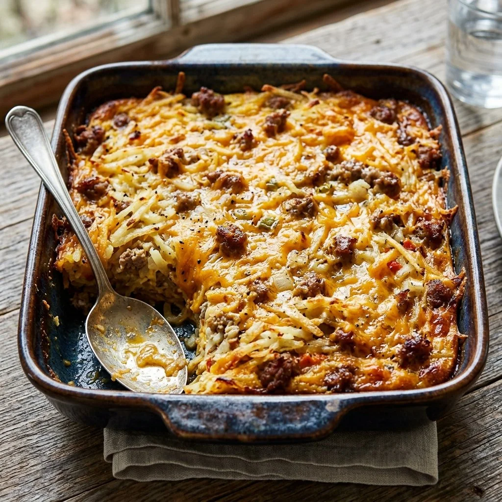 Sausage Hashbrown Casserole topped with cheese and herbs, served in a baking dish.