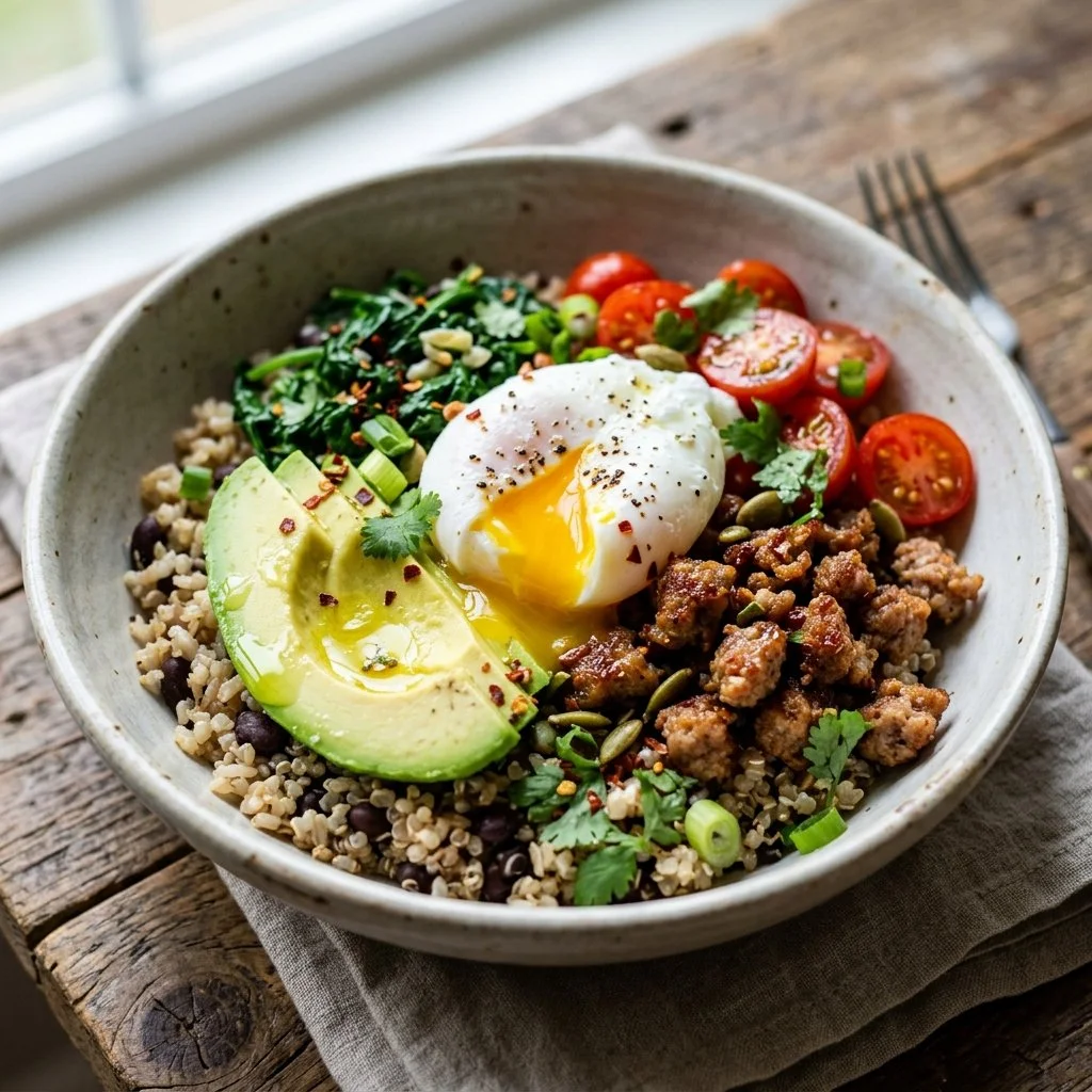 A colorful array of savory breakfast bowls featuring eggs, vegetables, and grains.
