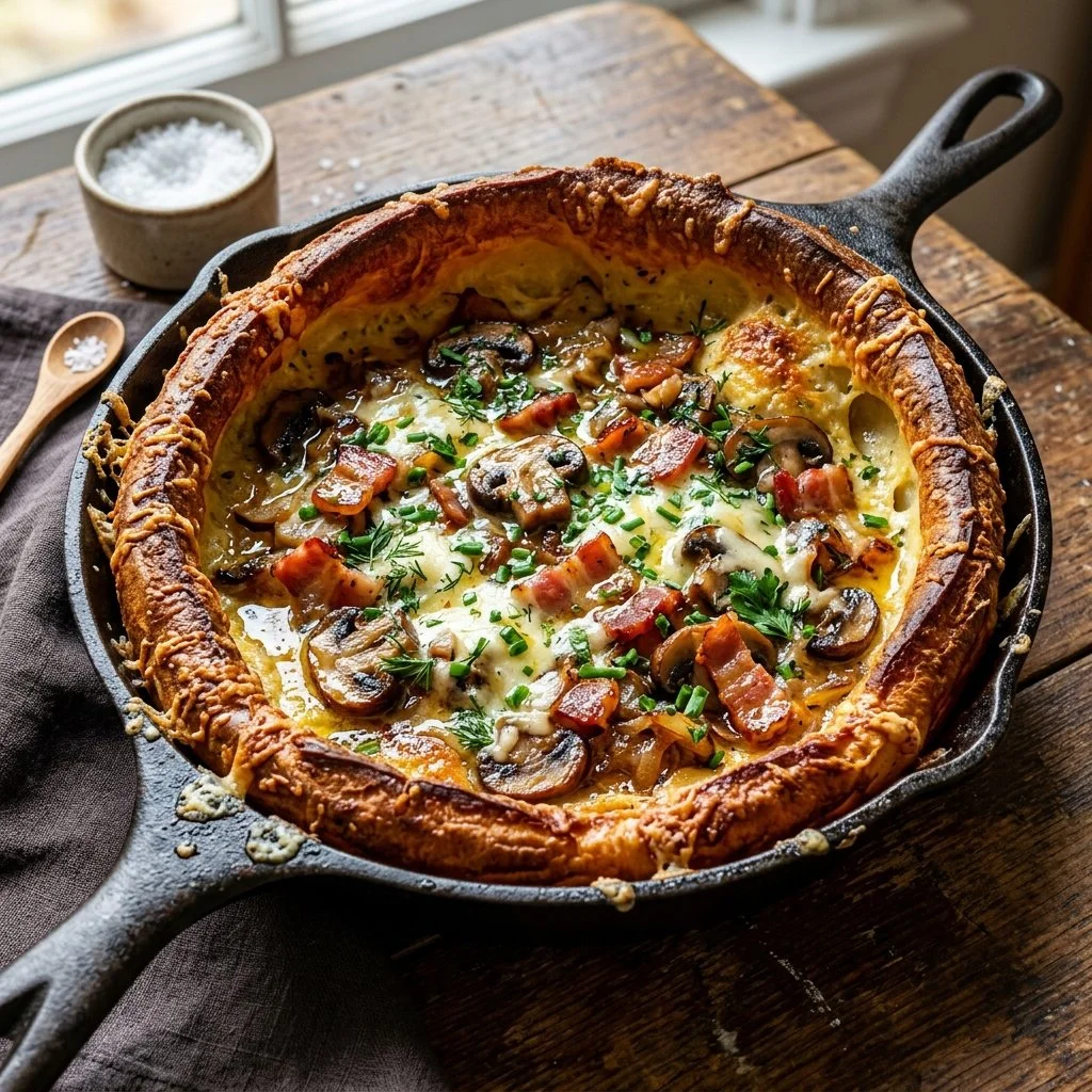 Savory Dutch Baby pancake topped with fresh herbs and vegetables