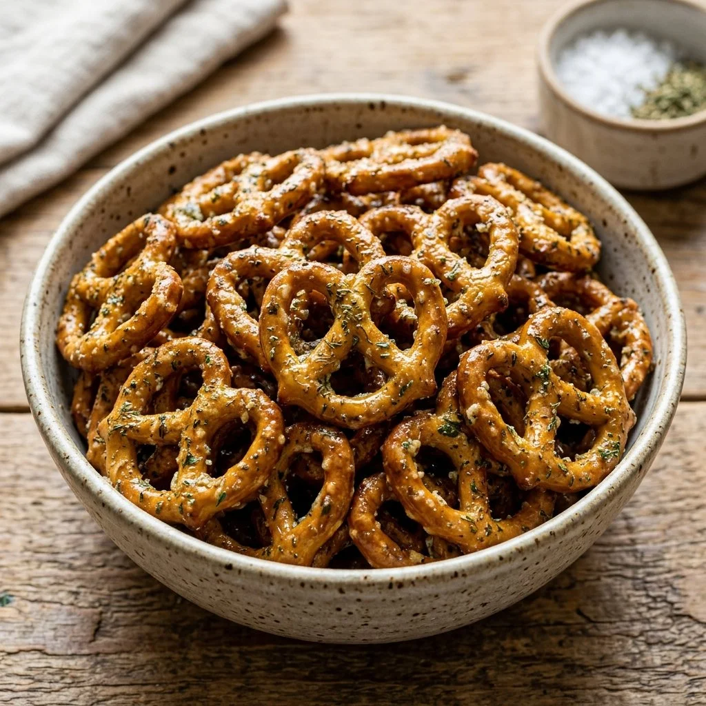 Bowl of seasoned ranch pretzels garnished with herbs