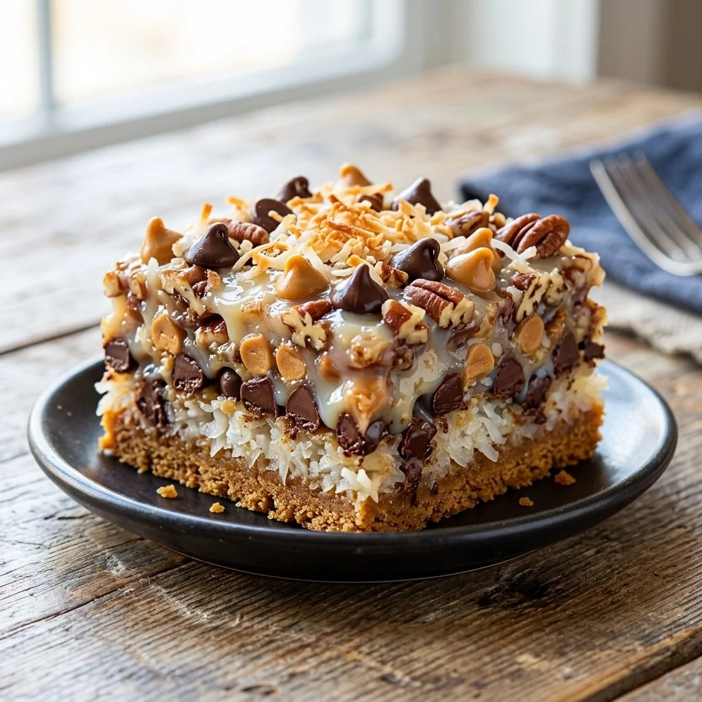 Deliciously layered Seven Layer Bars topped with chocolate and coconut