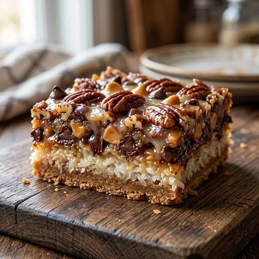 Delicious seven layer bars with chocolate, caramel, and coconut layers.