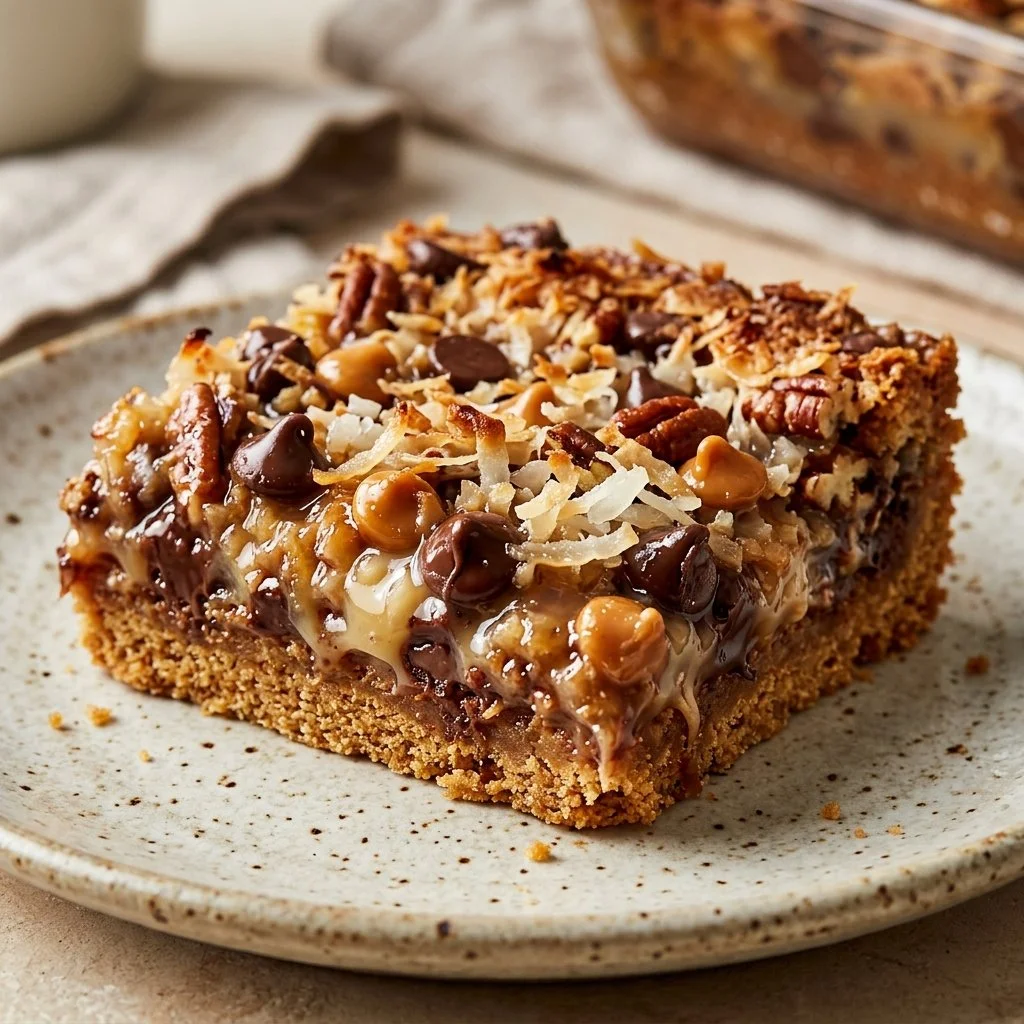 Homemade Seven Layer Bars with chocolate, coconut, and nuts in layers