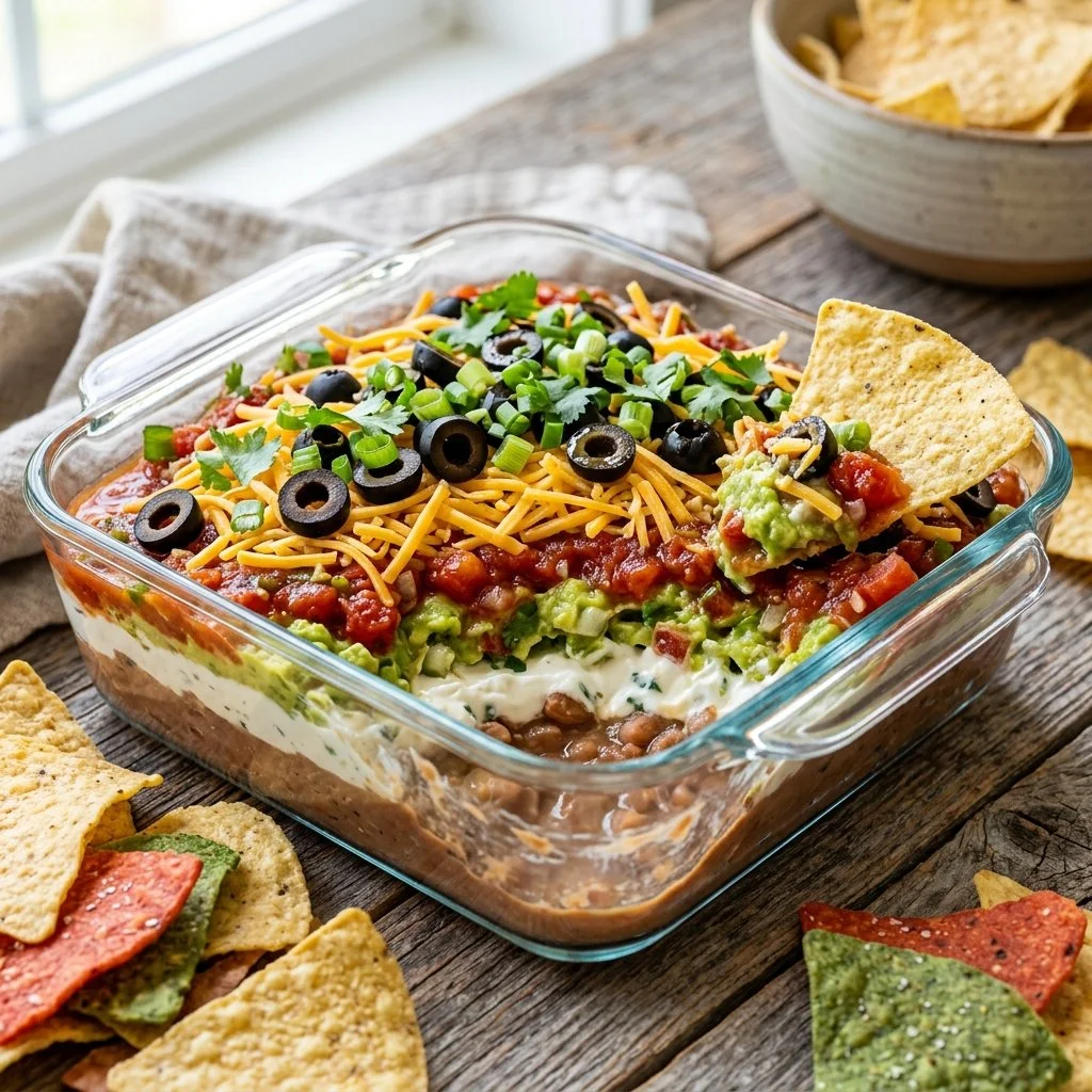 Delicious seven layer dip served in a colorful dish at a party
