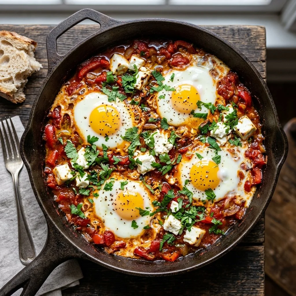 Plate of Shakshuka with Feta and poached eggs in spicy tomato sauce.
