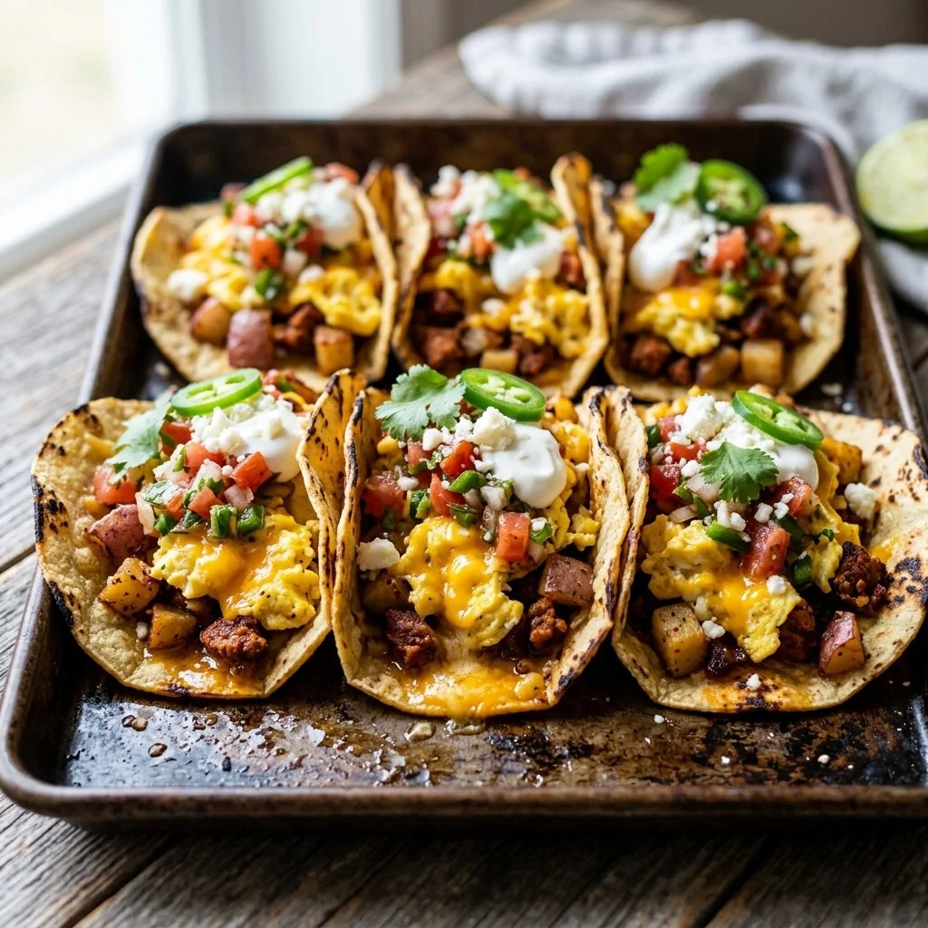 Delicious sheet pan breakfast tacos ready to serve on a platter.