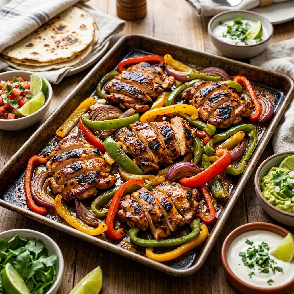 Delicious sheet pan chicken fajitas with colorful peppers and onions