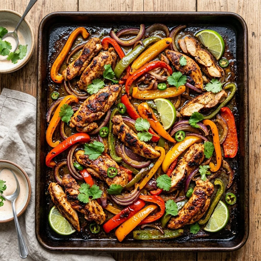 Delicious sheet pan chicken fajitas with colorful peppers and onions