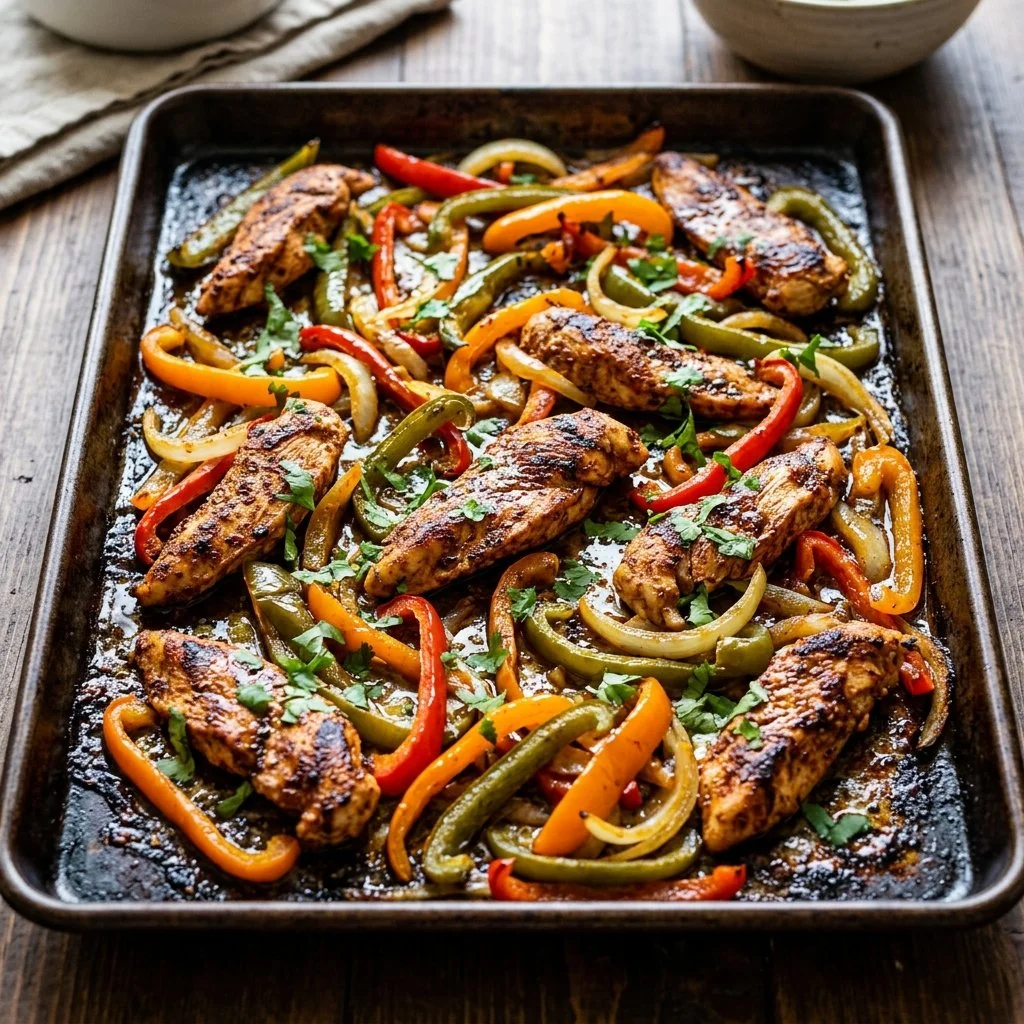 Delicious sheet pan chicken fajitas with colorful peppers and onions