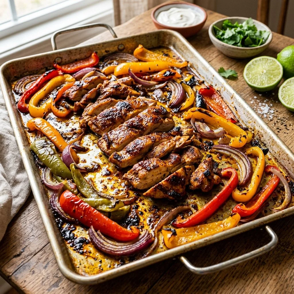Colorful sheet pan fajitas with grilled chicken and vegetables