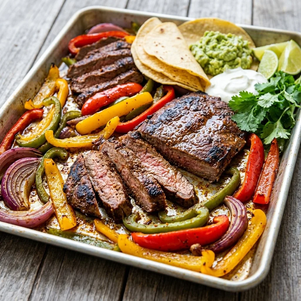 Delicious sheet pan fajitas with chicken and colorful peppers ready to serve.