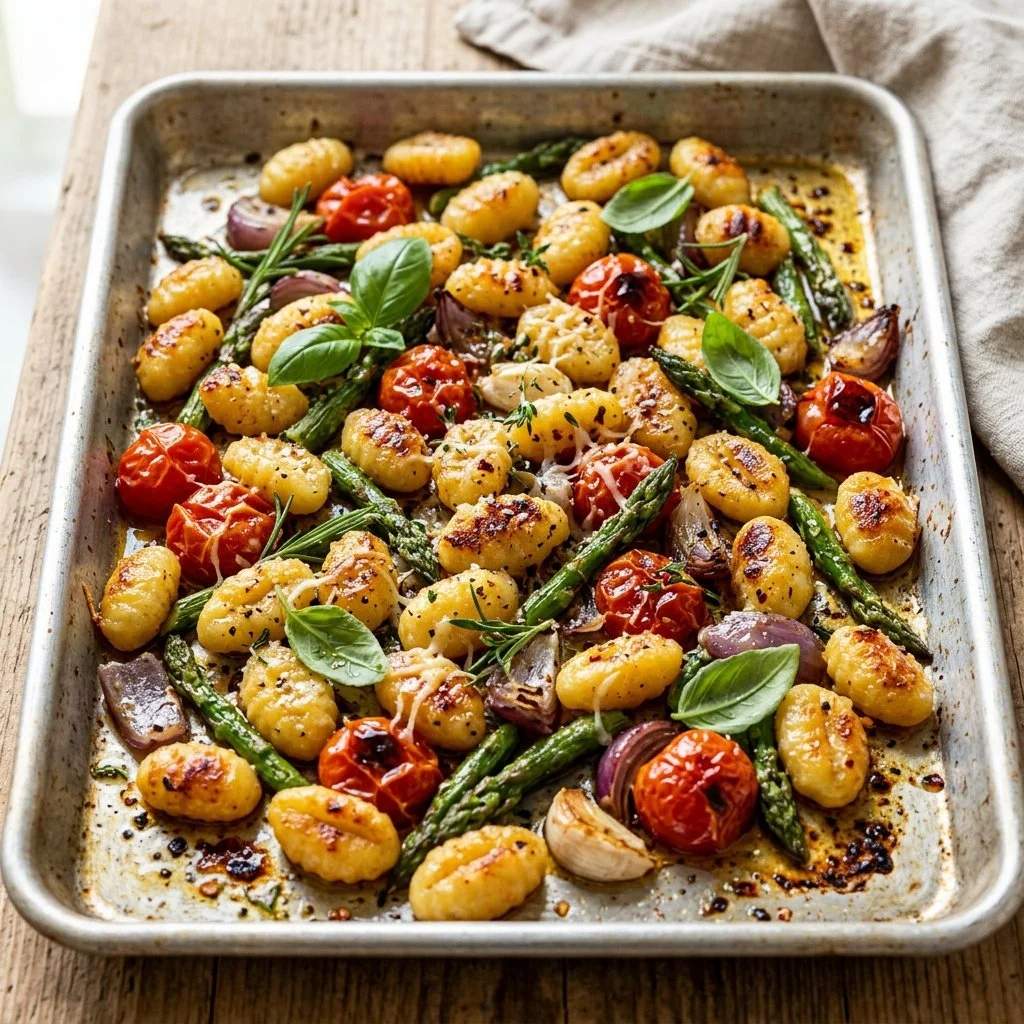 A delicious serving of sheet pan gnocchi with colorful vegetables and herbs.