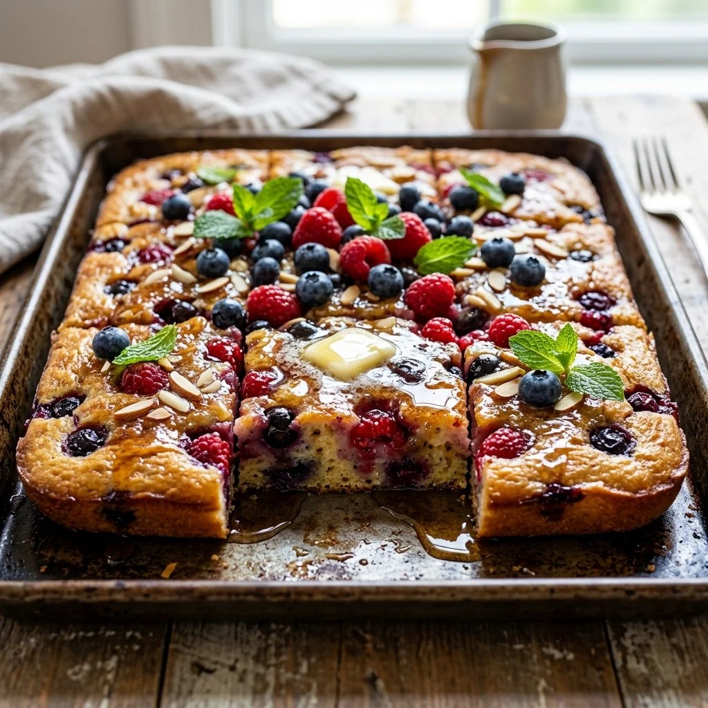 Deliciously fluffy Sheet Pan Pancakes served with fresh berries and syrup.