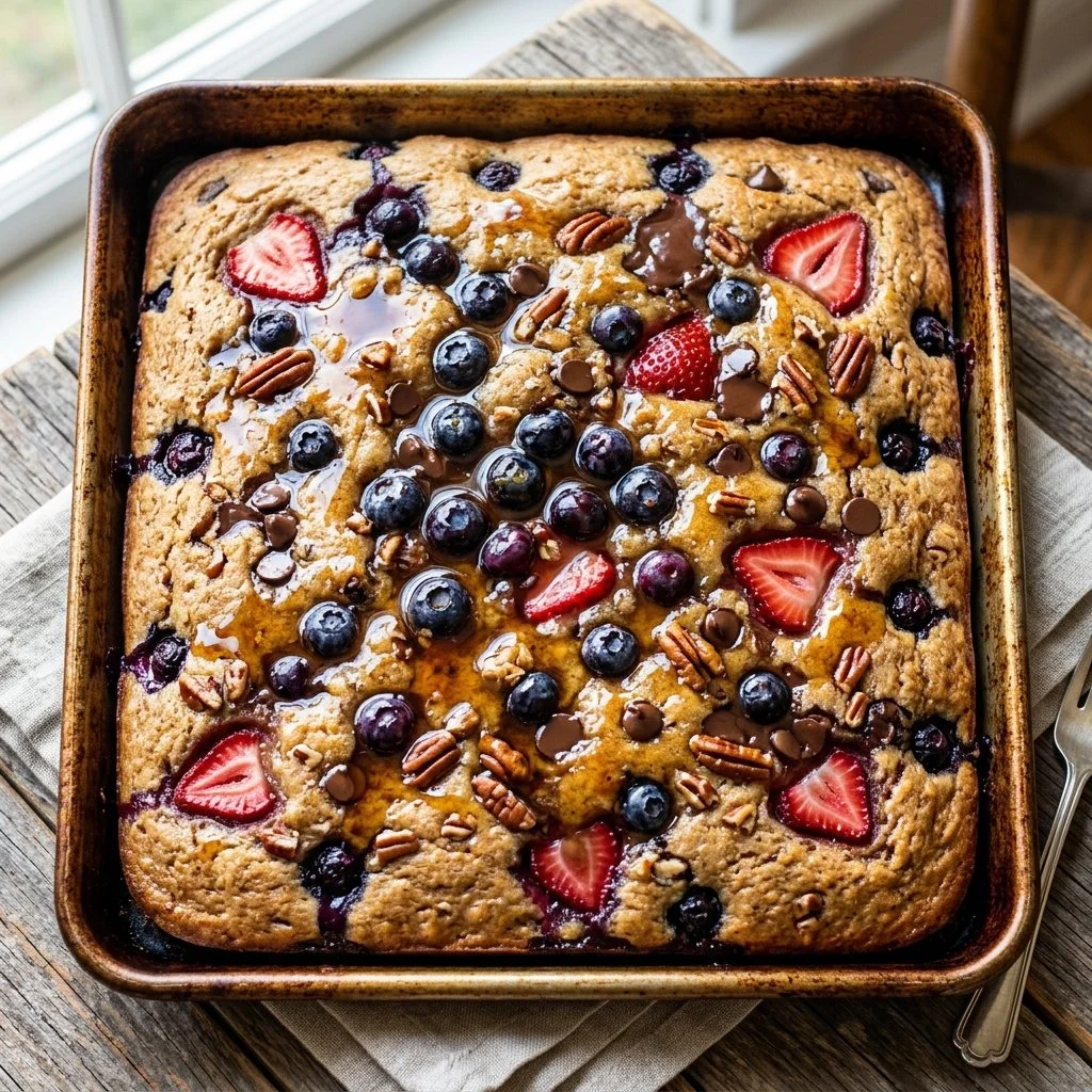 Delicious sheet pan pancakes ready to serve on a breakfast table