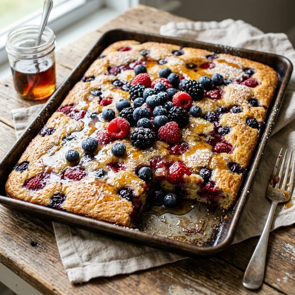 Freshly baked Sheet Pan Pancakes on a baking sheet with blueberries