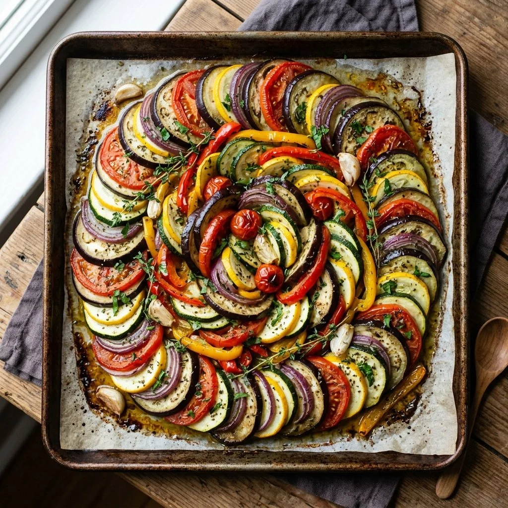 Colorful sheet pan ratatouille with fresh vegetables and herbs