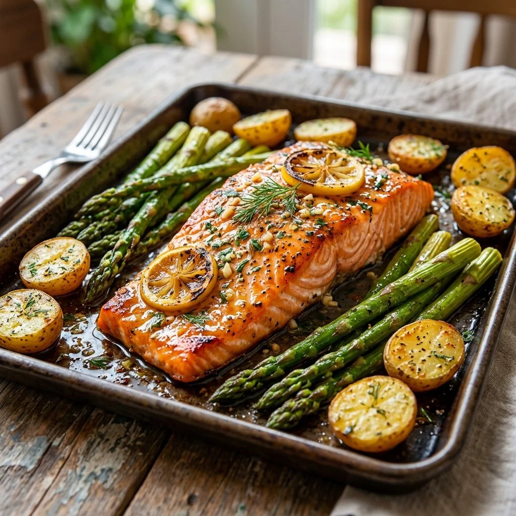 Delicious sheet pan salmon dish with vegetables ready to serve