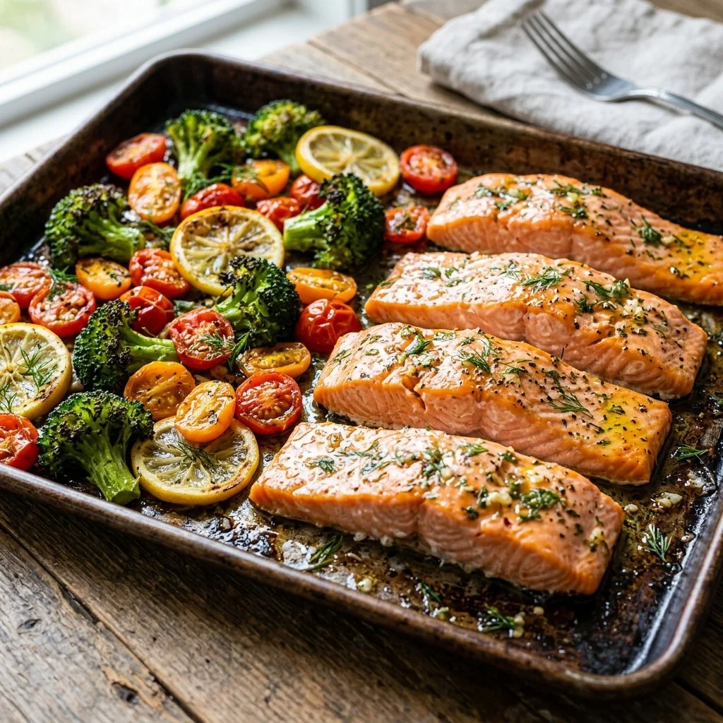 Delicious sheet pan salmon recipe with colorful vegetables ready to serve