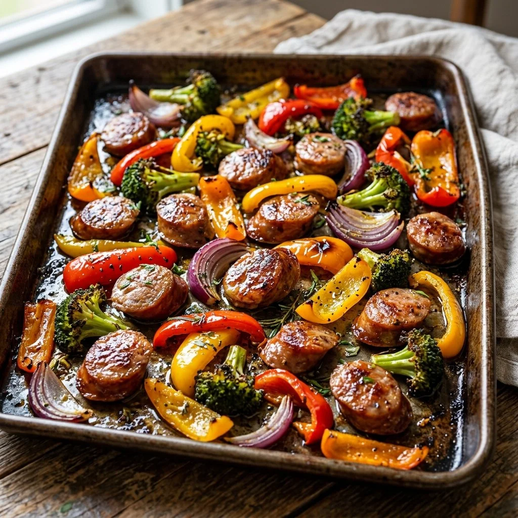 Sheet pan sausage and veggies ready to serve for a flavorful meal.