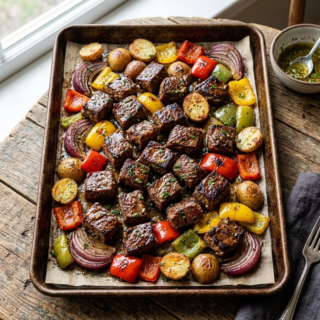 Sheet pan steak bites recipe with tender beef and roasted vegetables