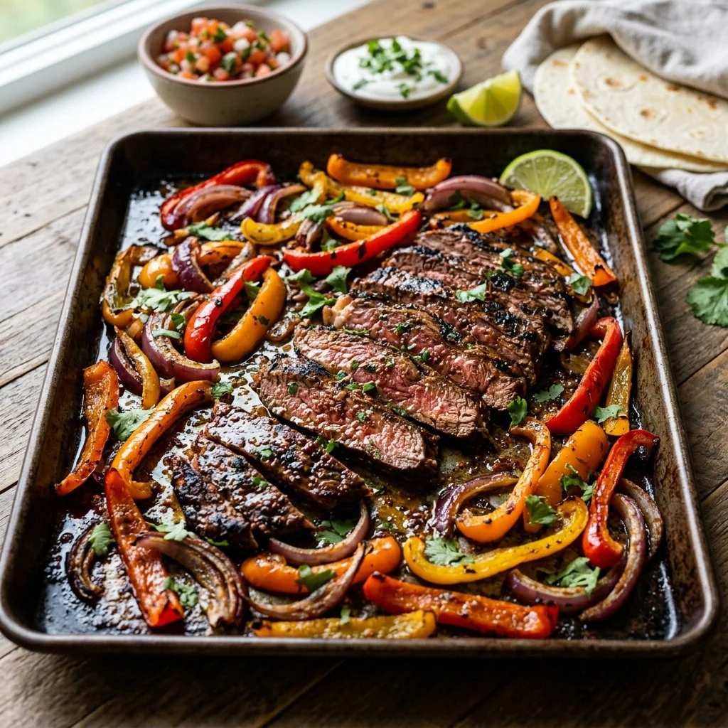 Deliciously prepared sheet pan steak fajitas with colorful peppers and onions