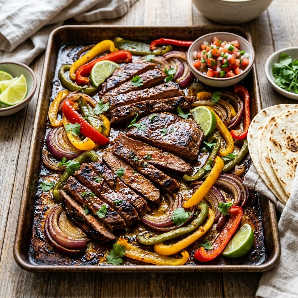 Sheet Pan Steak Fajitas with bell peppers and onions on a platter