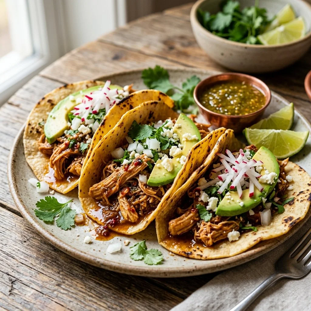 Plate of flavorful shredded chicken tacos topped with fresh ingredients