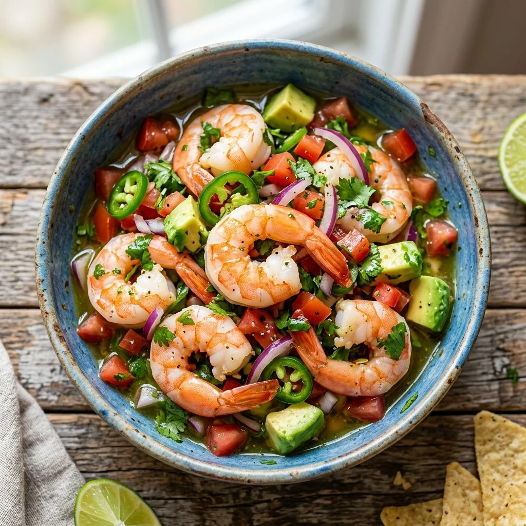 A vibrant bowl of Shrimp Ceviche with fresh ingredients and lime