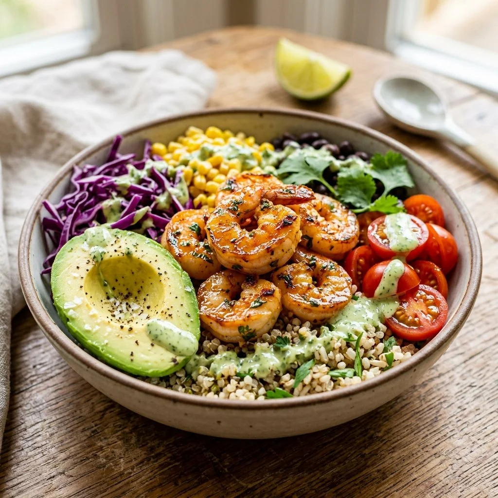 Colorful shrimp power bowl with fresh vegetables and grains