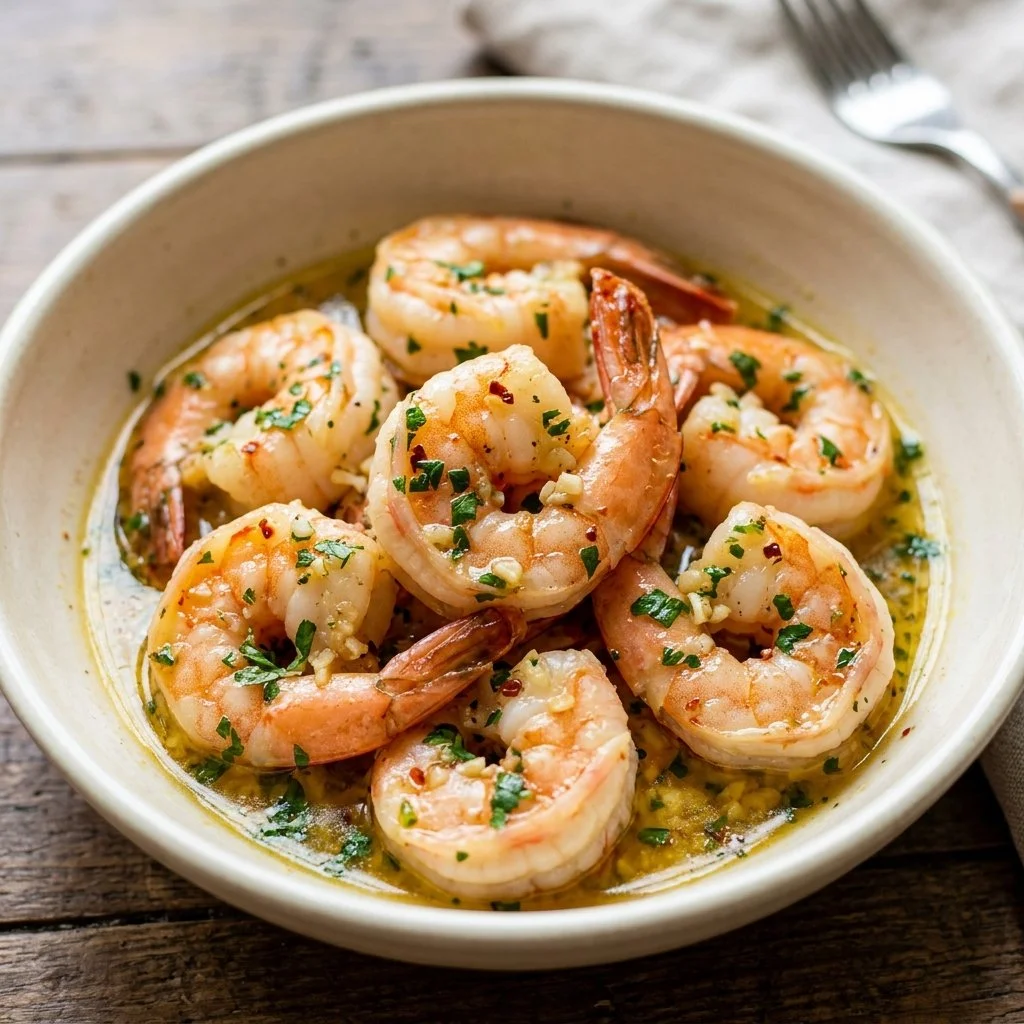 Plate of shrimp scampi with garlic, butter, and parsley garnished with lemon
