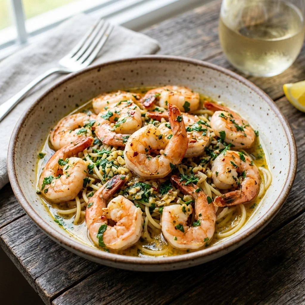 Delicious shrimp scampi served with garlic, butter, and pasta