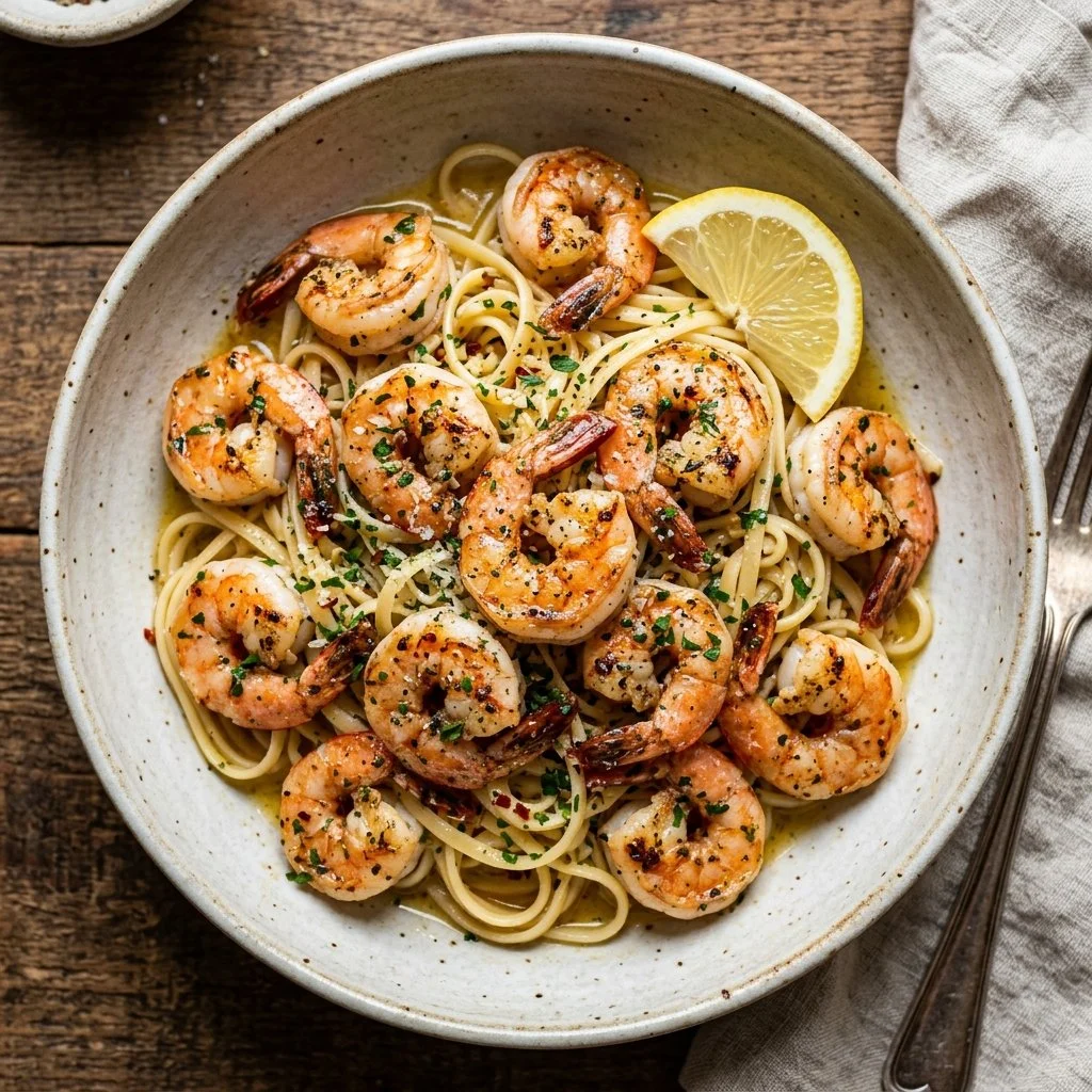Shrimp scampi pasta served with garlic and parsley.