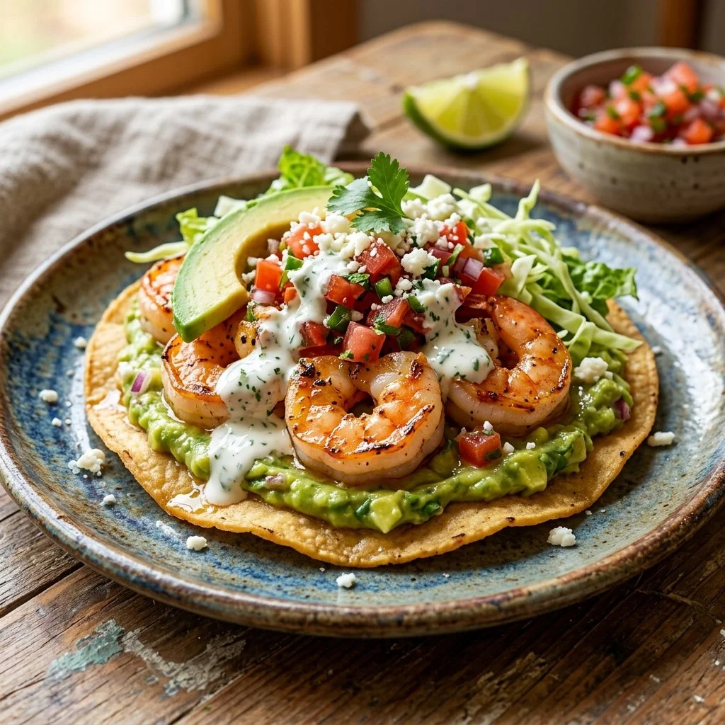 Delicious shrimp tostadas topped with fresh ingredients and served on crispy tortillas.