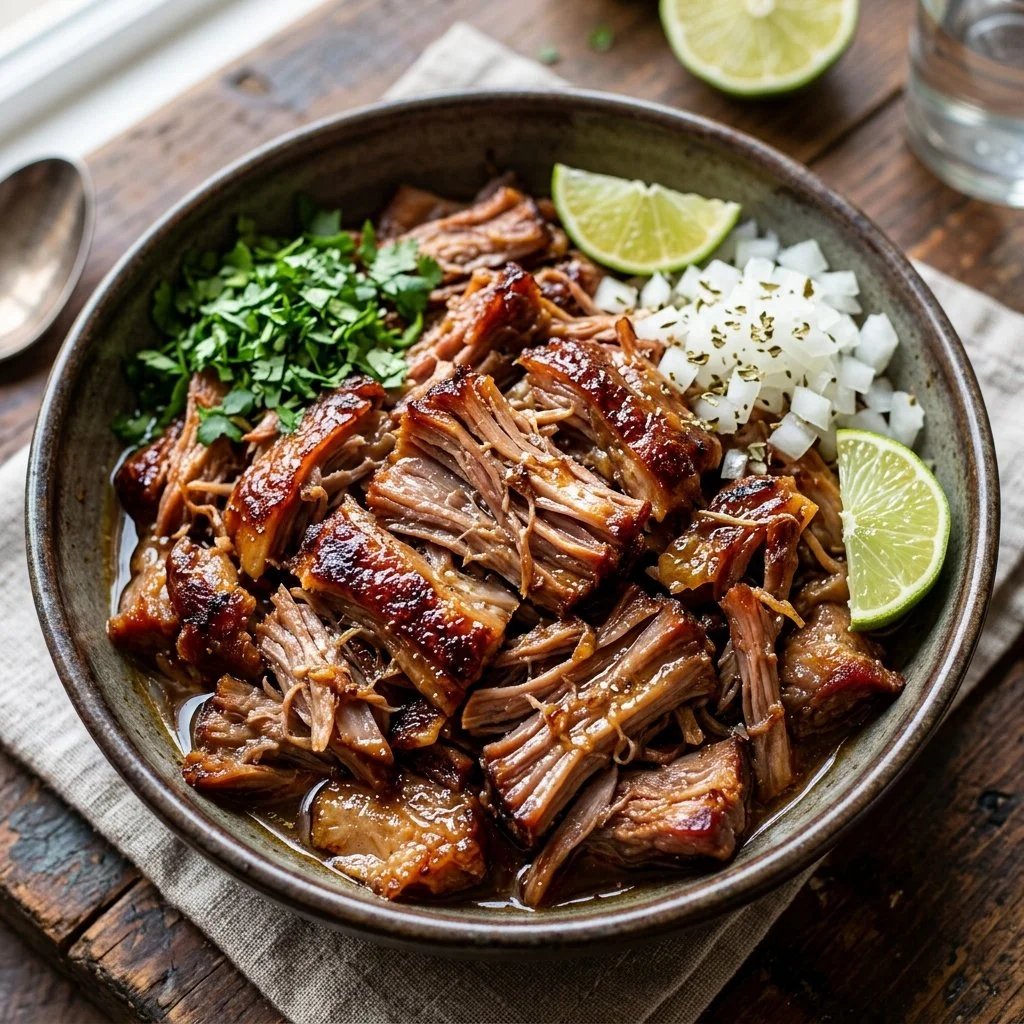 Delicious slow cooker carnitas served with tortillas and fresh toppings