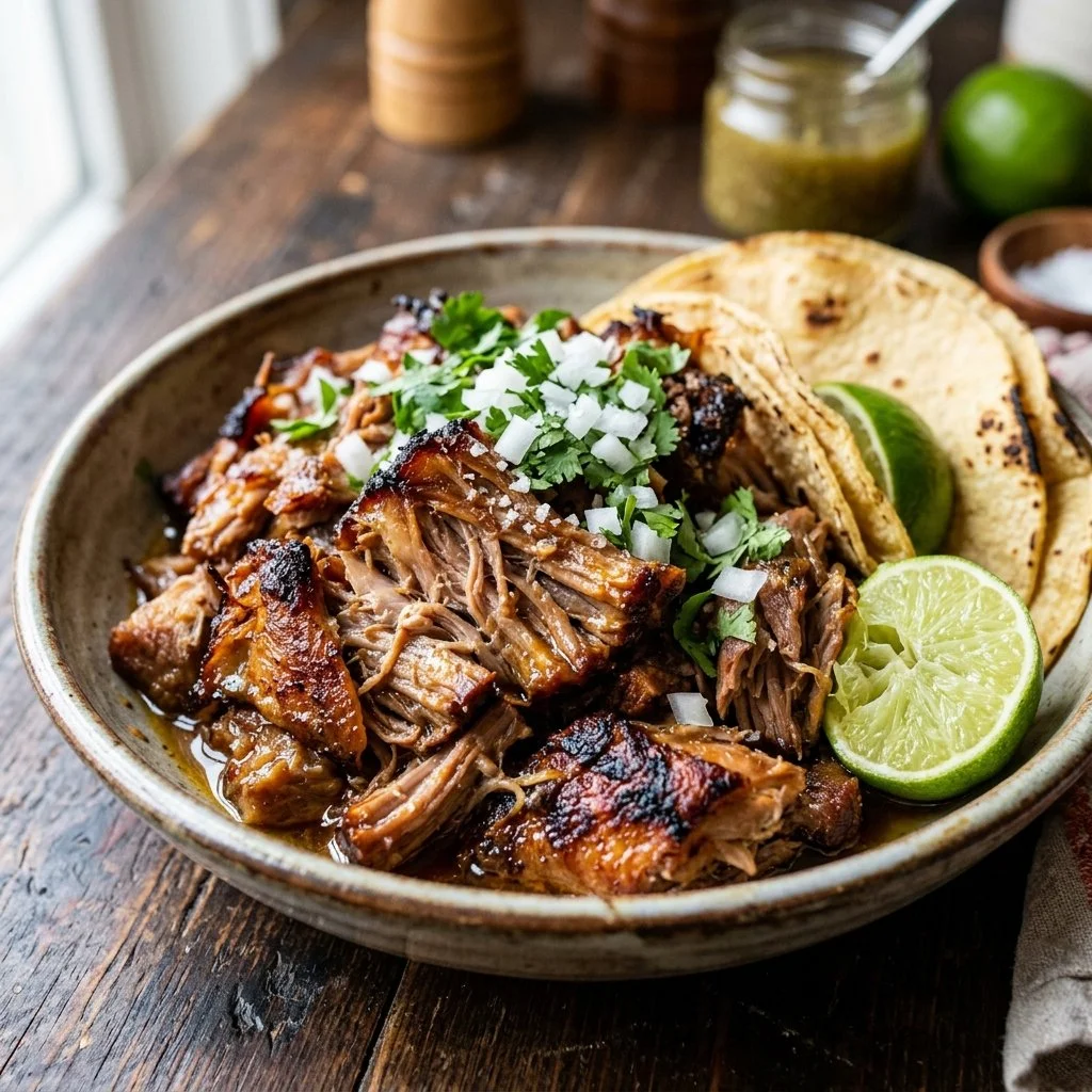 Delicious slow cooker carnitas served in tacos with toppings