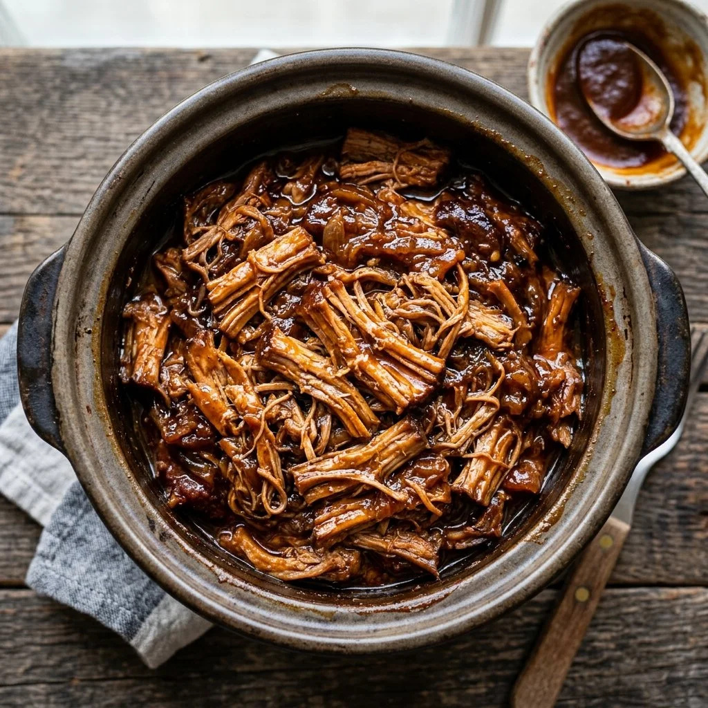 Delicious slow cooker pulled pork with BBQ sauce in a serving bowl.