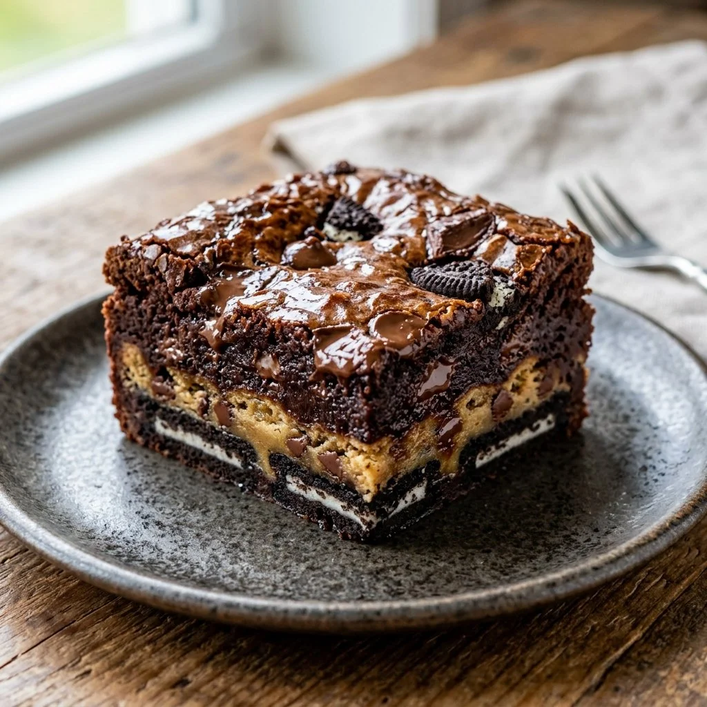 Decadent slutty brownies with layers of cookie and brownie, delicious dessert treat.