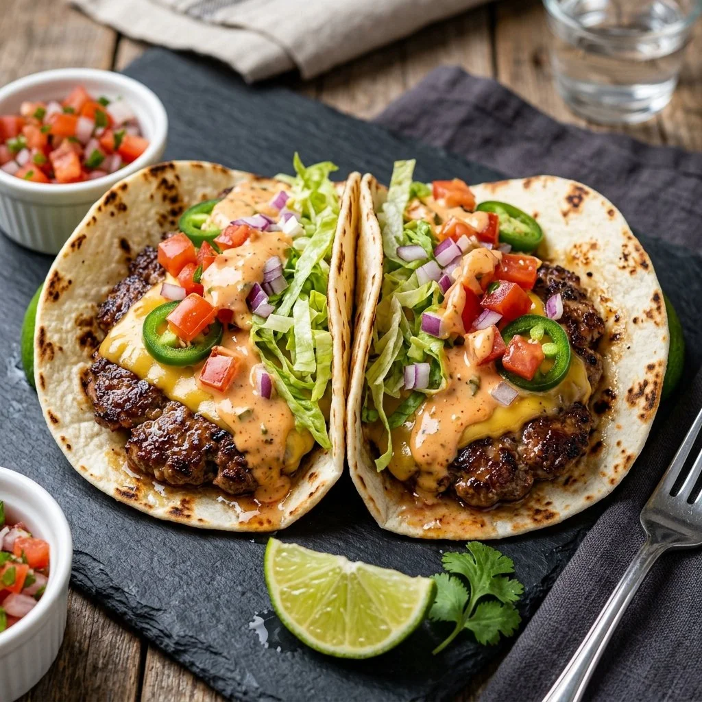 Smash burger tacos served with fresh toppings and sauces