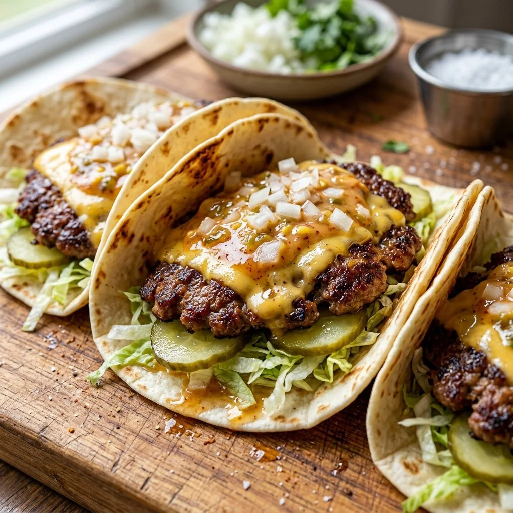 Delicious Smash Burger Tacos served with fresh toppings and sauces.